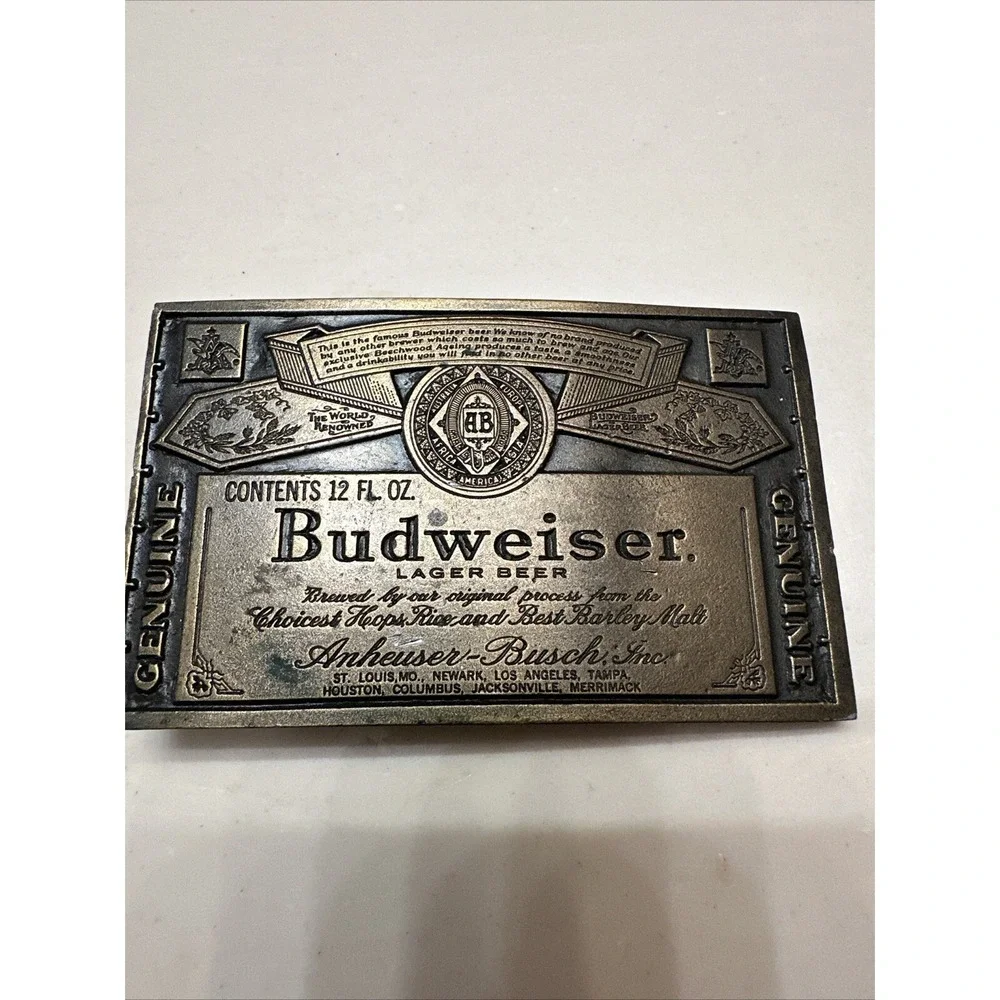 Vintage Brass Budweiser Anheuser Busch Belt Buckle 12oz Label  A-168
